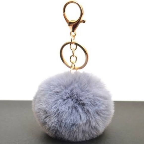 Gray faux fur cute simple single pom gold keychain - Picture 1 of 8